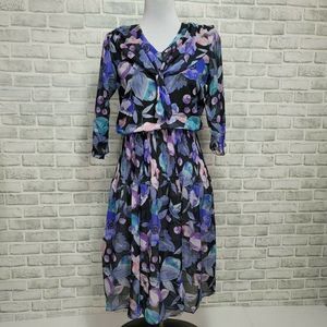 Vintage 80s 90s Dramatix Sheer Chiffon Floral Fit Flare‎ Dress Pleated Waistband